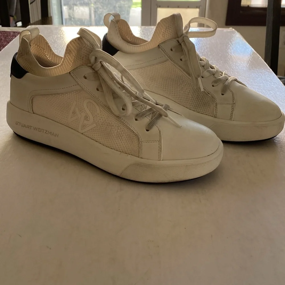 Stuart Weitzman Women’s White Leather with Mesh Fabric Sneakers Size 10 US
